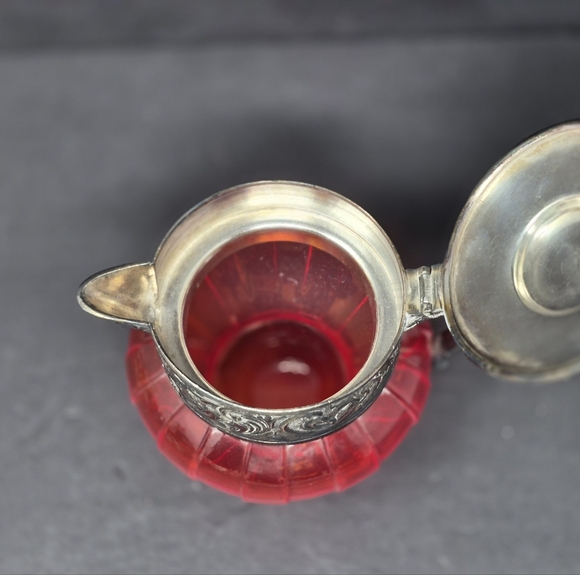 Antique Pigeon Blood Red Glass And Pewter? Creamer - Picture 7 of 8